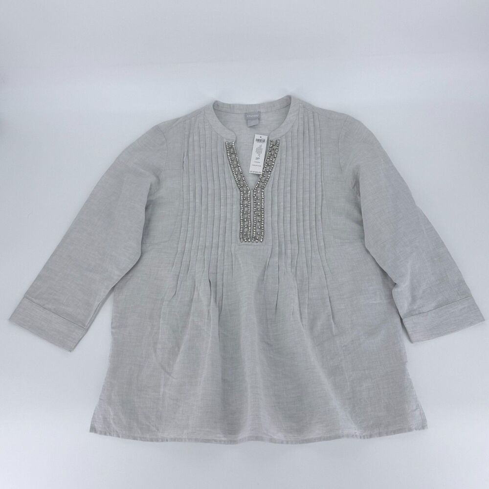 Chico's Linen Blend Tunic Top Womens 12 14P Rhinestone Pintuck 3/4 Sleeve NWT